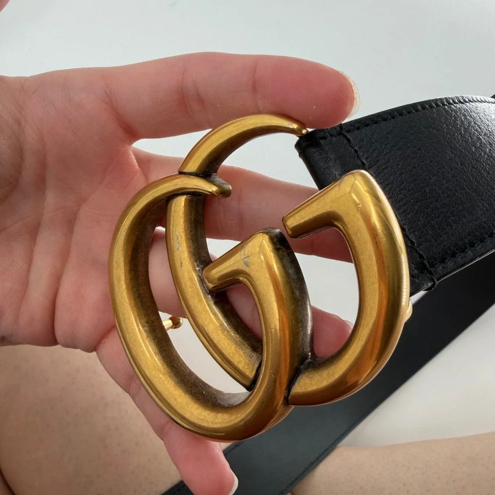 Gucci Double G Marmont Black Leather Belt Antique Brass Buckle 406831 110/44